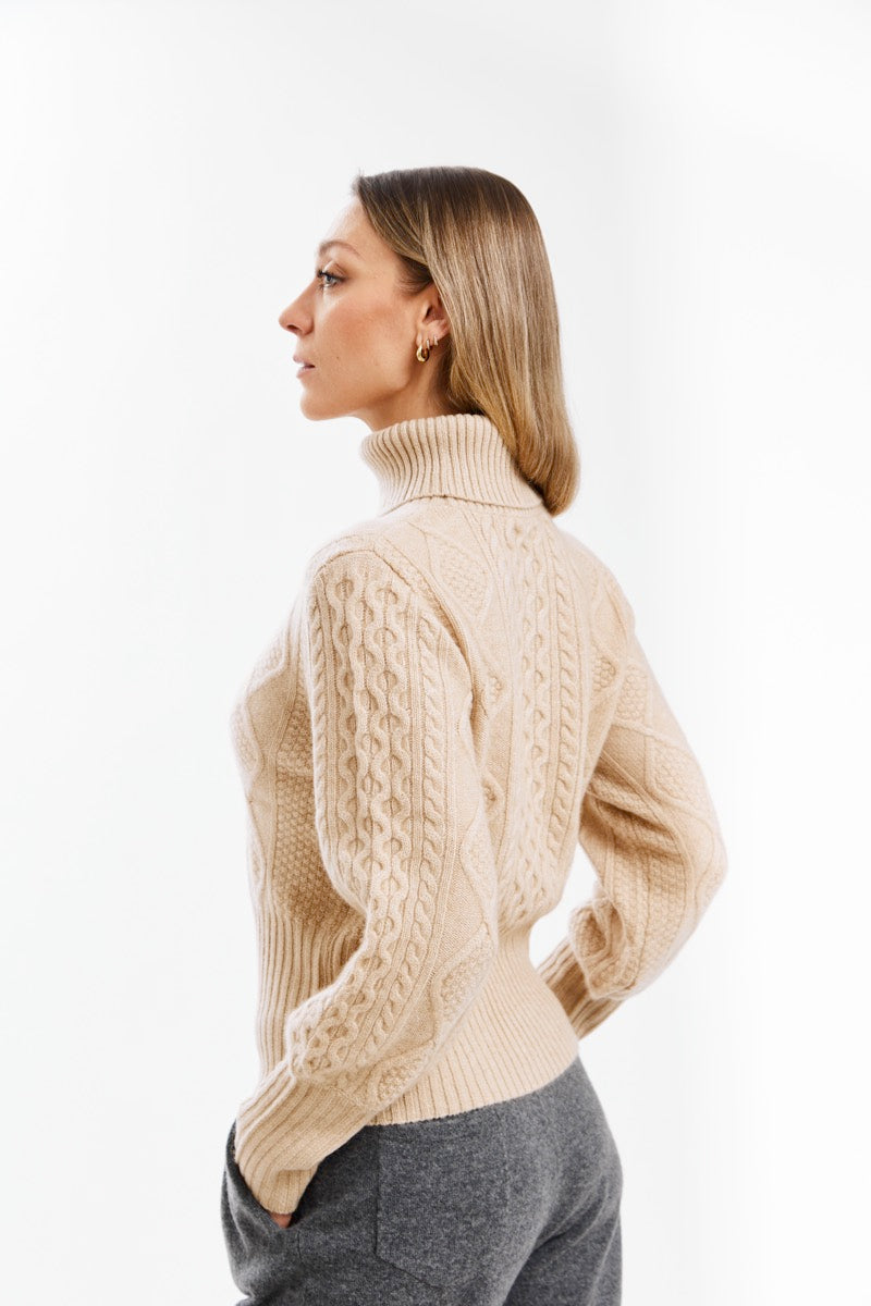 Cable Knit Turtle Neck Sweater - 100% Mongolian Cashmere